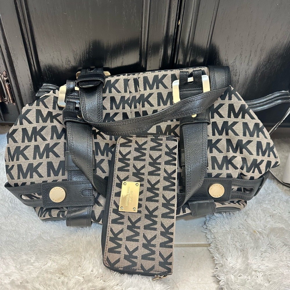 Michael Kors Black and Beige MK Logo Tote